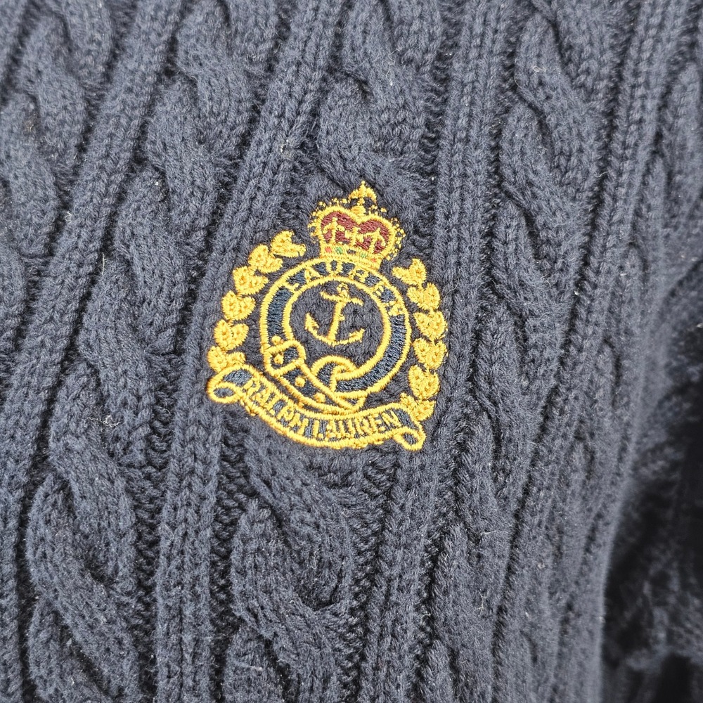 Lauren Ralph Lauren Vintage Cable Knit Sweater M Navy Preppy Nautical Crested - Picture 3 of 8